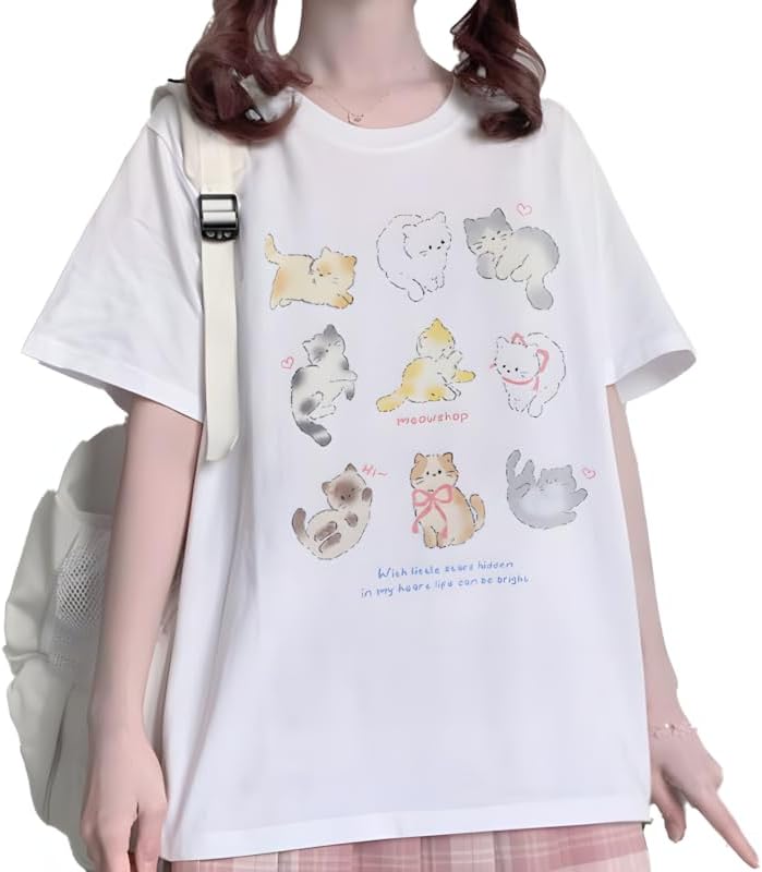 Harajuku Kawaii Crewneck Cartoon Cats Shop Graphic Print T-Shirt | Cutecore, Vintage Casual Style, Streetwear, Athleisure, Cotton Materials, Loose Fit, Short Sleeve, For Women Daily Wear