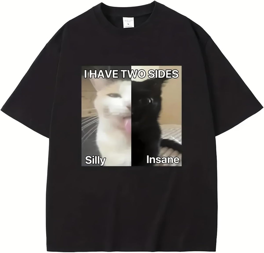 Funny Two Sides Cat Meme T-Shirt for Girls, Silly and Insane Cat Graphic Tee, Casual Cotton Summer Top