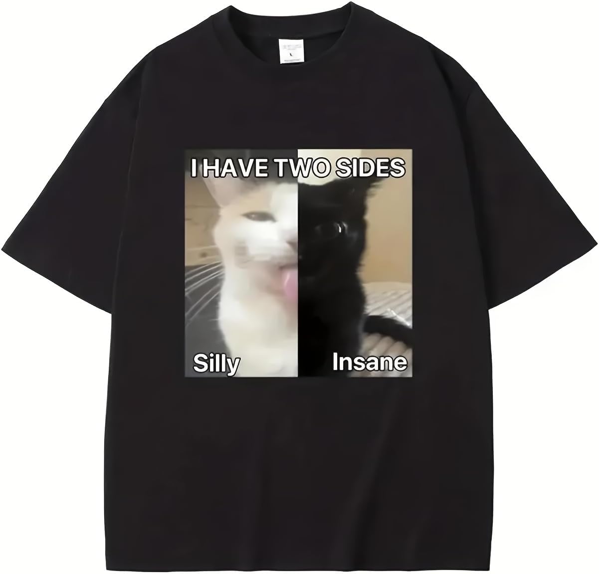 Funny Two Sides Cat Meme T-Shirt for Girls, Silly and Insane Cat Graphic Tee, Casual Cotton Summer Top