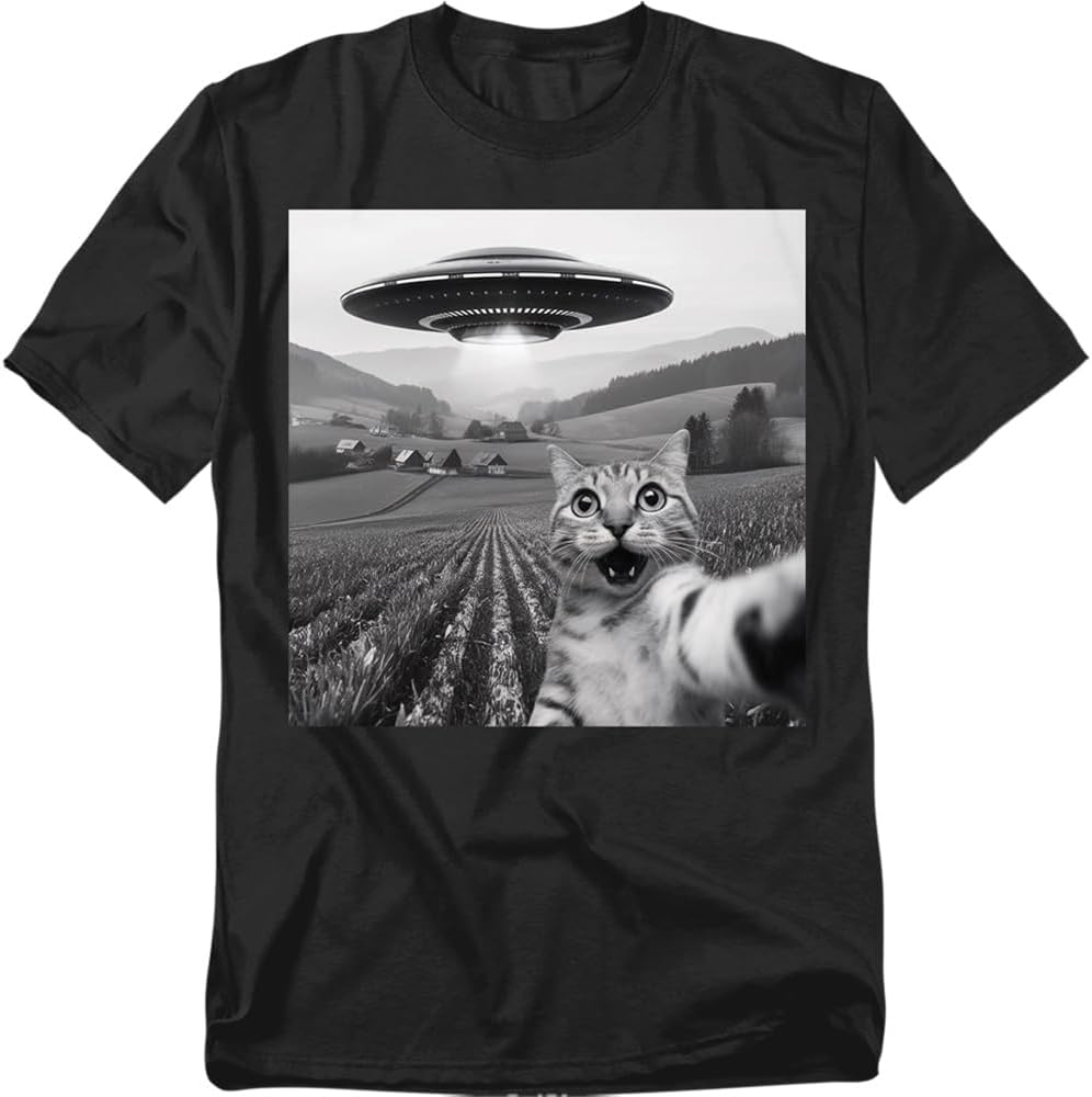 Popfunk Alien Cat UFO Selfie T Shirt – Funny Space Cat Extraterrestrial Tee for Men or Women, Unisex Adult