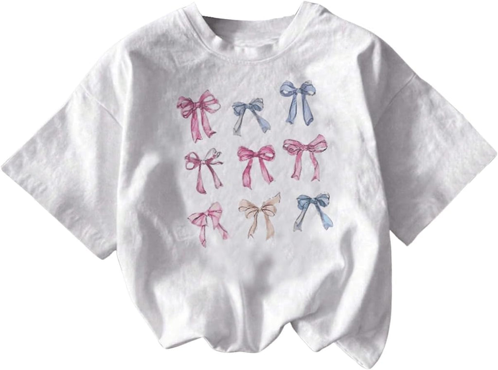 RoseSeek Girl's Graphic Tees Short Sleeve Bow Print Tee Tops Crew Neck Drop Shoulder Casual Summer T Shirts