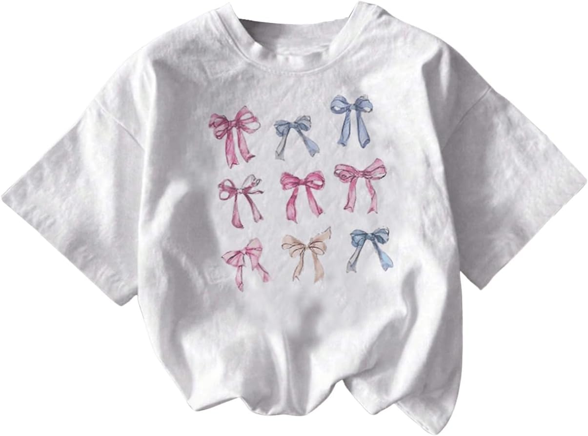 RoseSeek Girl's Graphic Tees Short Sleeve Bow Print Tee Tops Crew Neck Drop Shoulder Casual Summer T Shirts