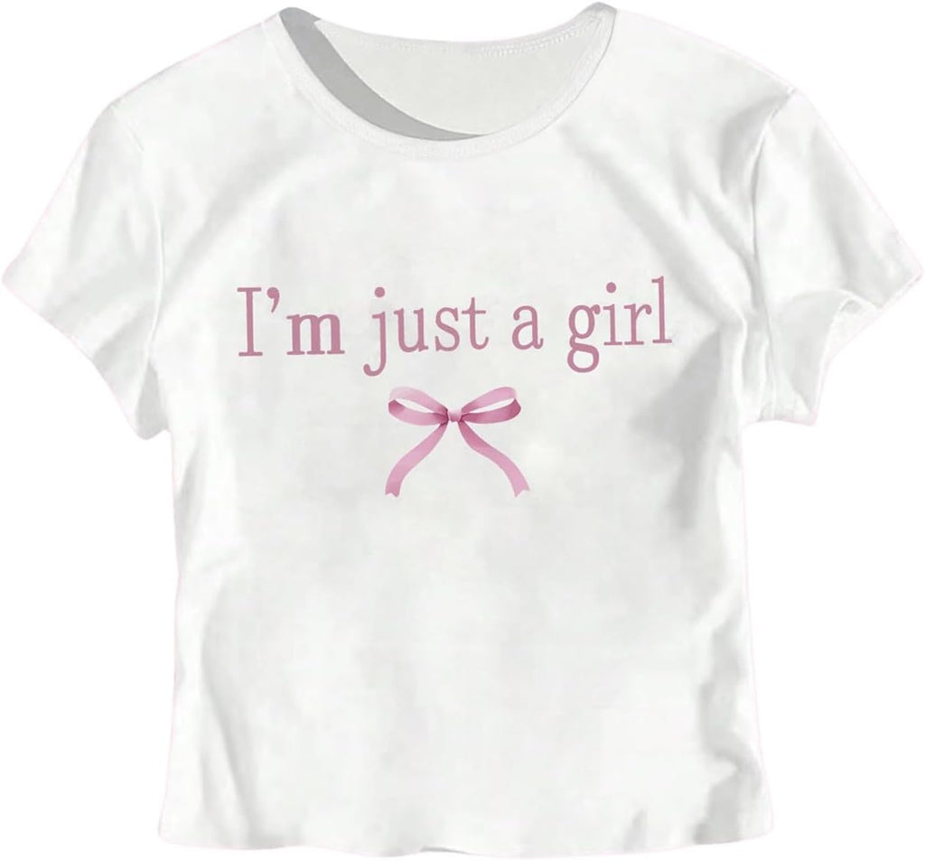 RoseSeek Girl's Graphic Tee Crew Neck Letter Bow Print Crop Tops Casual Cute Short Sleeve T Shirt