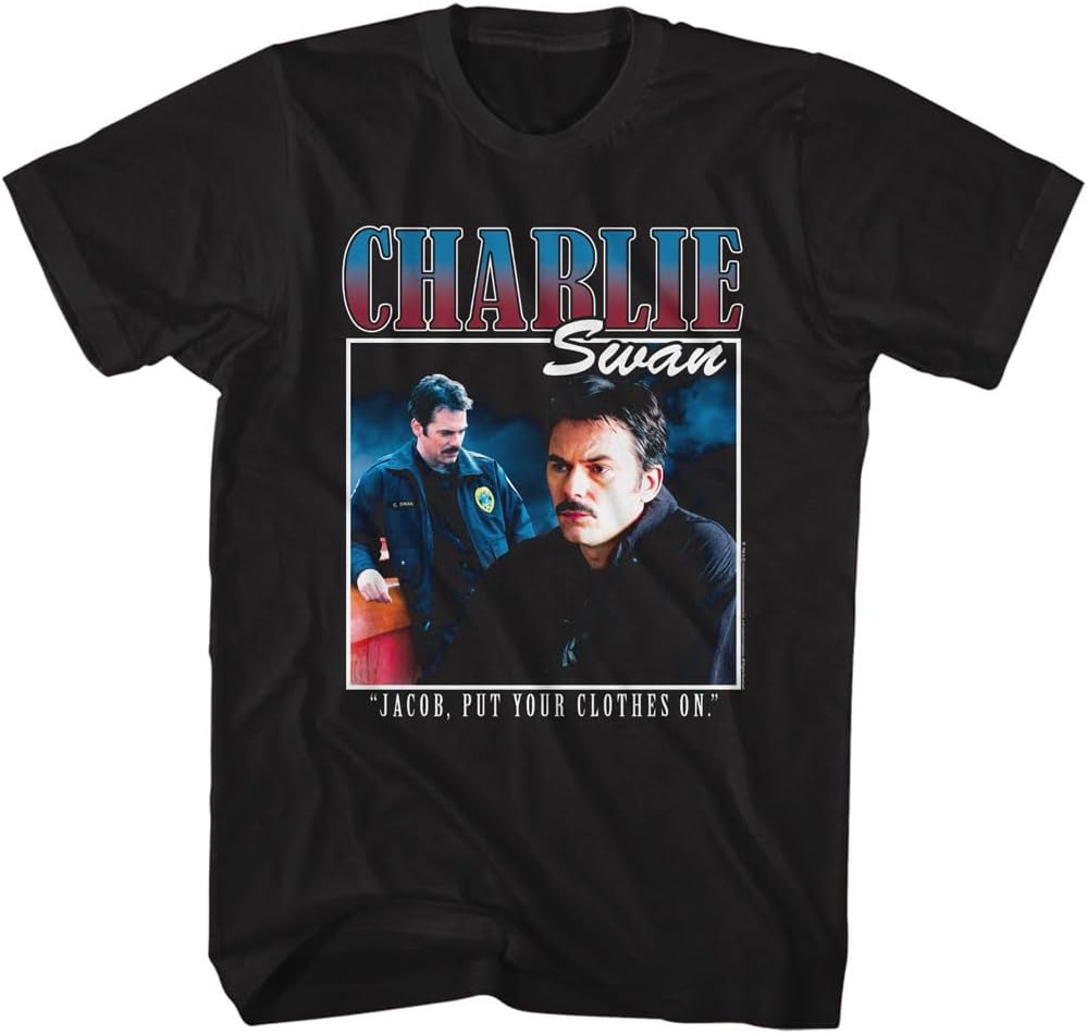 American Classics Charlie Swan Put Your Clothes On Twilight T Shirt Black | Officially Licensed Twilight Merch, Unisex Adult Black Crewneck, Short Sleeve Graphic Tee, Vintage Style Fan Gift