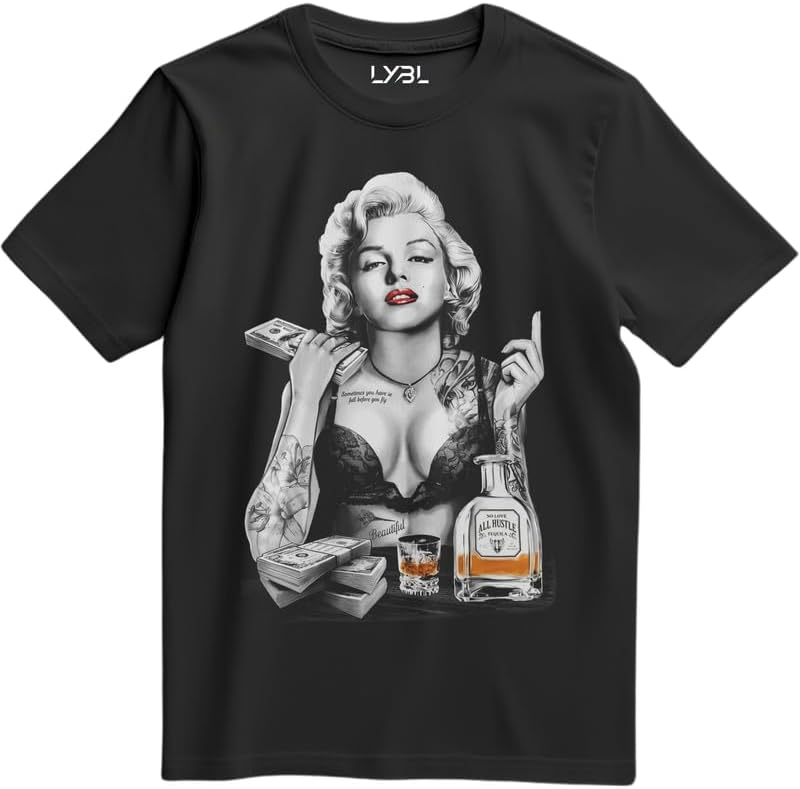 LYBL Men's Hollywood Marilyn Tattoo Money Tequila Graphic T-Shirt Black