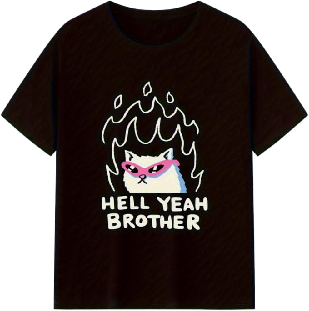Hell Yeah Brother Cat Woodland Mens Oversized T-Shirt- 100% Cotton Retro Graphic Tee with Flaming Cat& Fashion Glasses Design