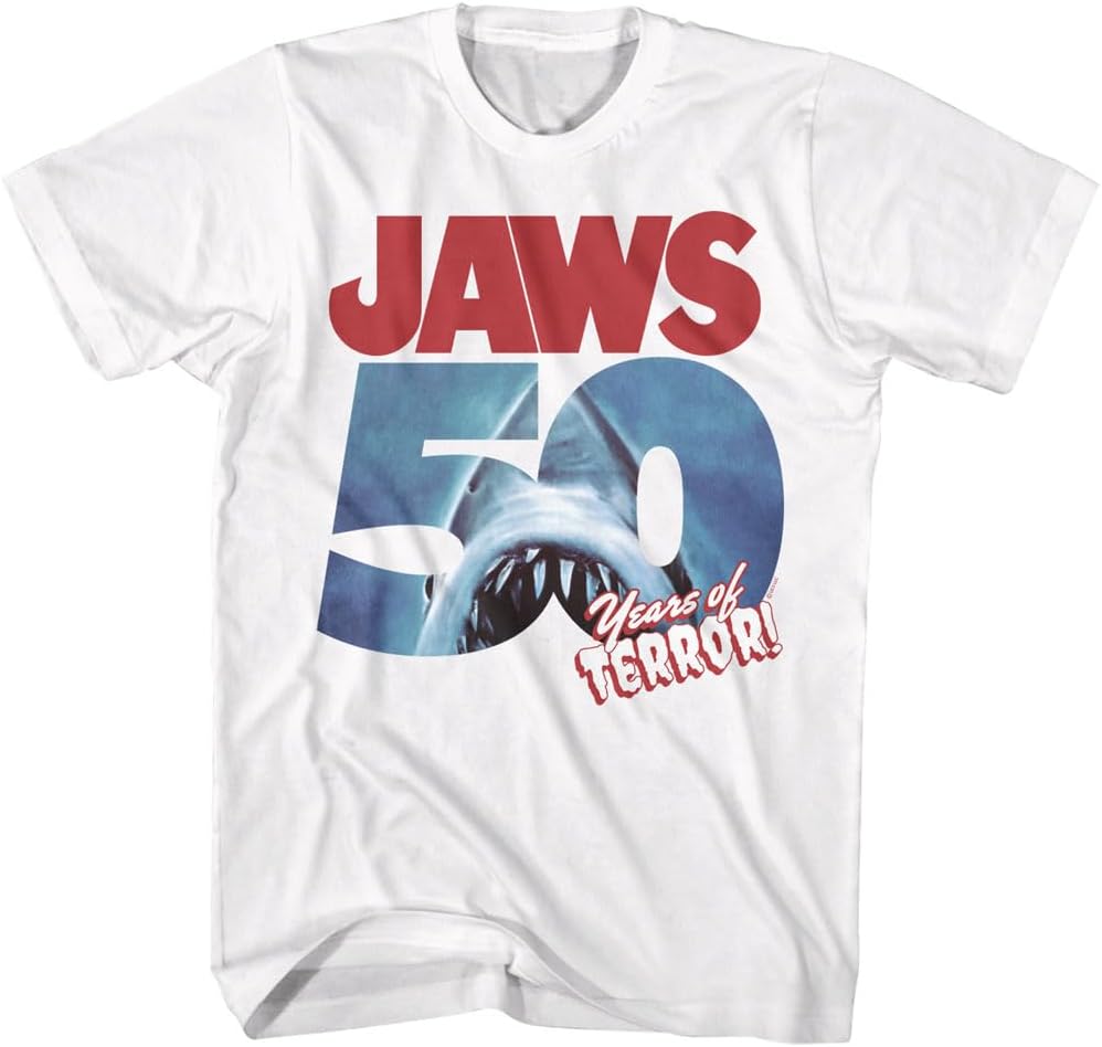 Jaws T Shirt 50 Years of Terror Adult White Short Sleeve Shark Horror Movie Vintage Style Graphic Tees