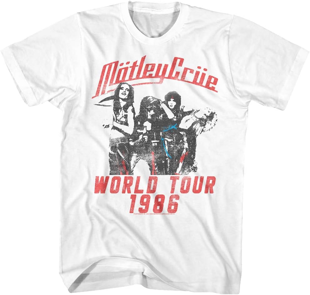 American Classics Motley Crue World Tour 1986 T Shirt White | Officially Licensed Motley Crue Merch, Unisex Crewneck Tee, Short Sleeve, 80s Classic Rock Band, Vintage Style Graphic