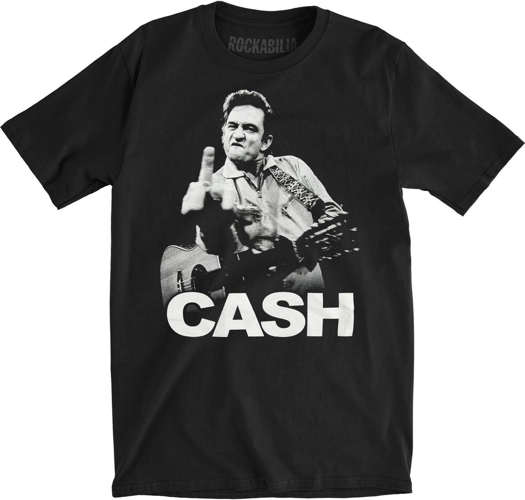 Johnny Cash Flipping The Bird Finger Black Adult T-Shirt Tee