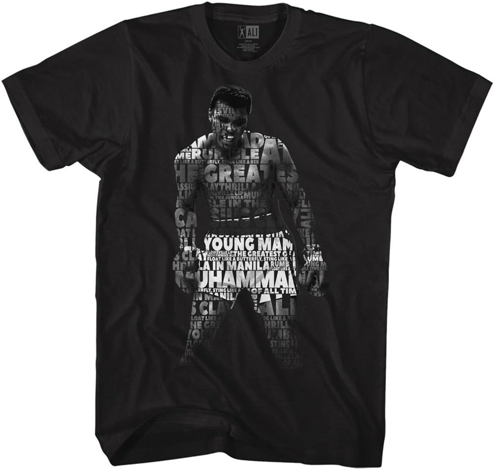 American Classics Muhammad Ali Boxing Word Art Graphic T Shirt Black | Officially Licensed Muhammad Ali Merch, Short Sleeve Crewneck Graphic Tee, Unisex Men Women, Designed and Printed in the USA