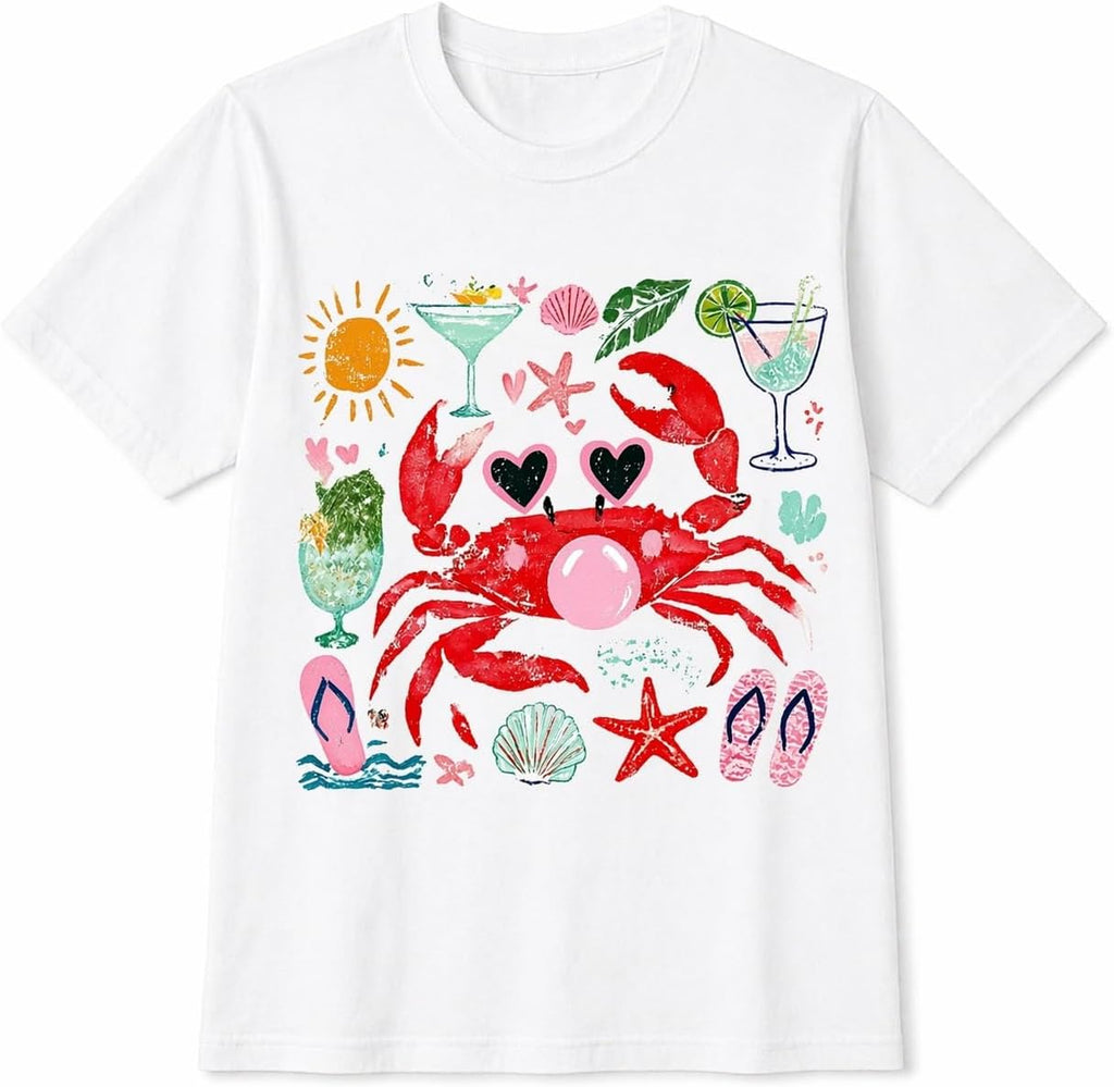 Crab Blowing Bubble T-Shirt, Funny Beach Nautical Graphic Tee, Summer Vacation Gift