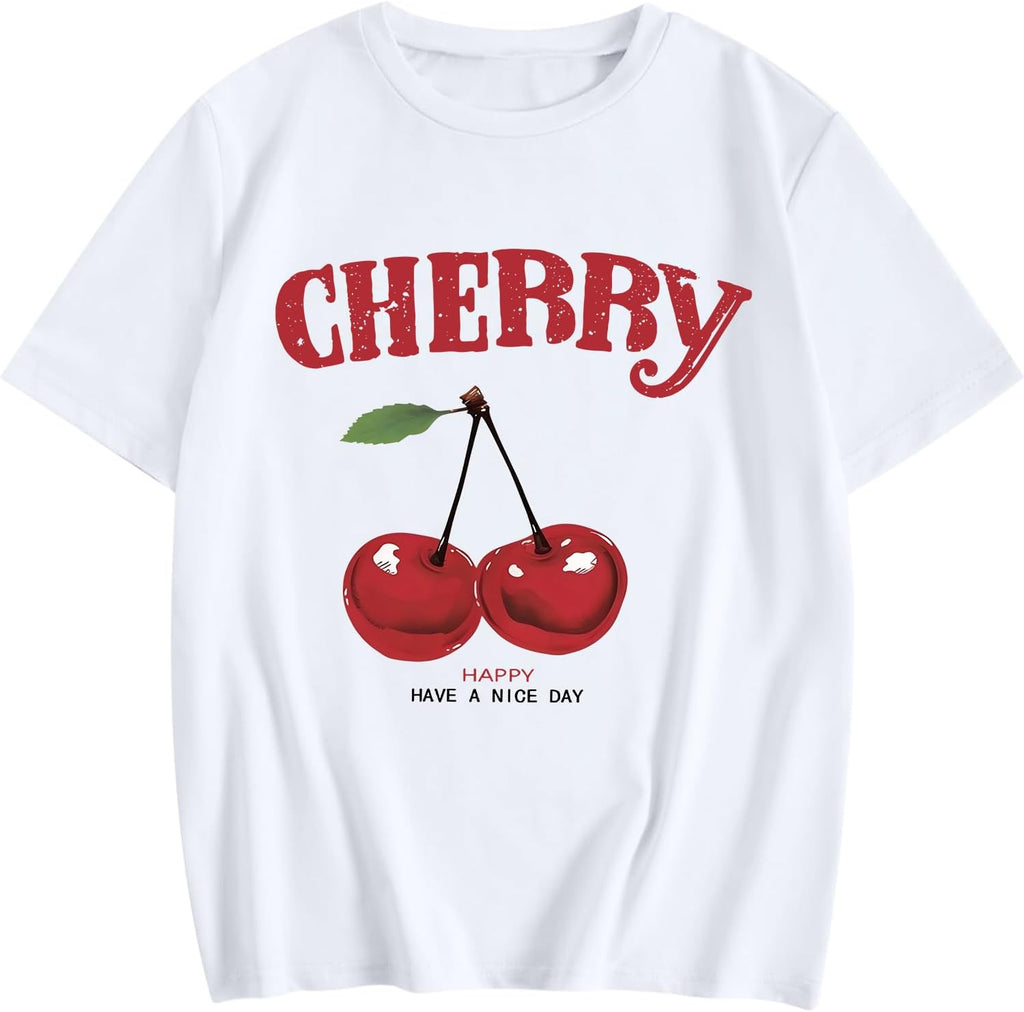 Bobeutou Cherry Shirt Women Fruit Graphic Printed Tshirt Vintage Tees Aesthetic Cute Preppy Cherries Shirts Casual Tops
