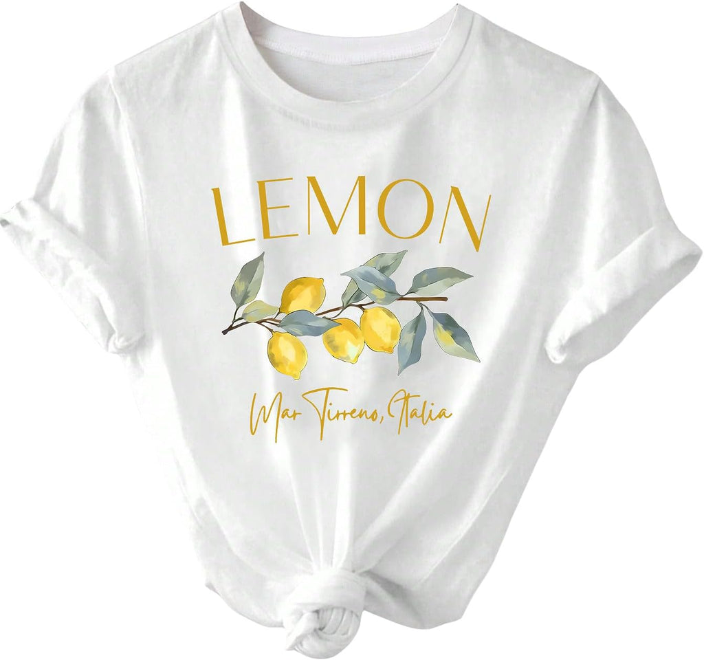 SweatyRocks Women's Lemon Graphic Tees Crew Neck Short Sleeve T Shirt | Fruit Graphic, Lemon T Shirt, Summer Casual T Shirts, Going Out Tops, Streetwear Shirts