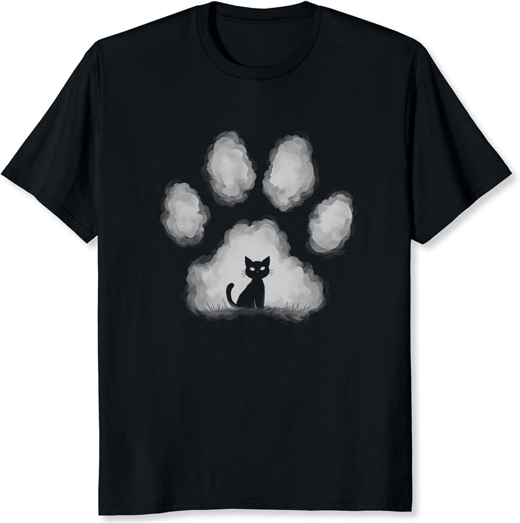 Black Cat with Paw Prints Shirt Cat Silhouette Graphic Tee Hand-Drawn Paw Shirt