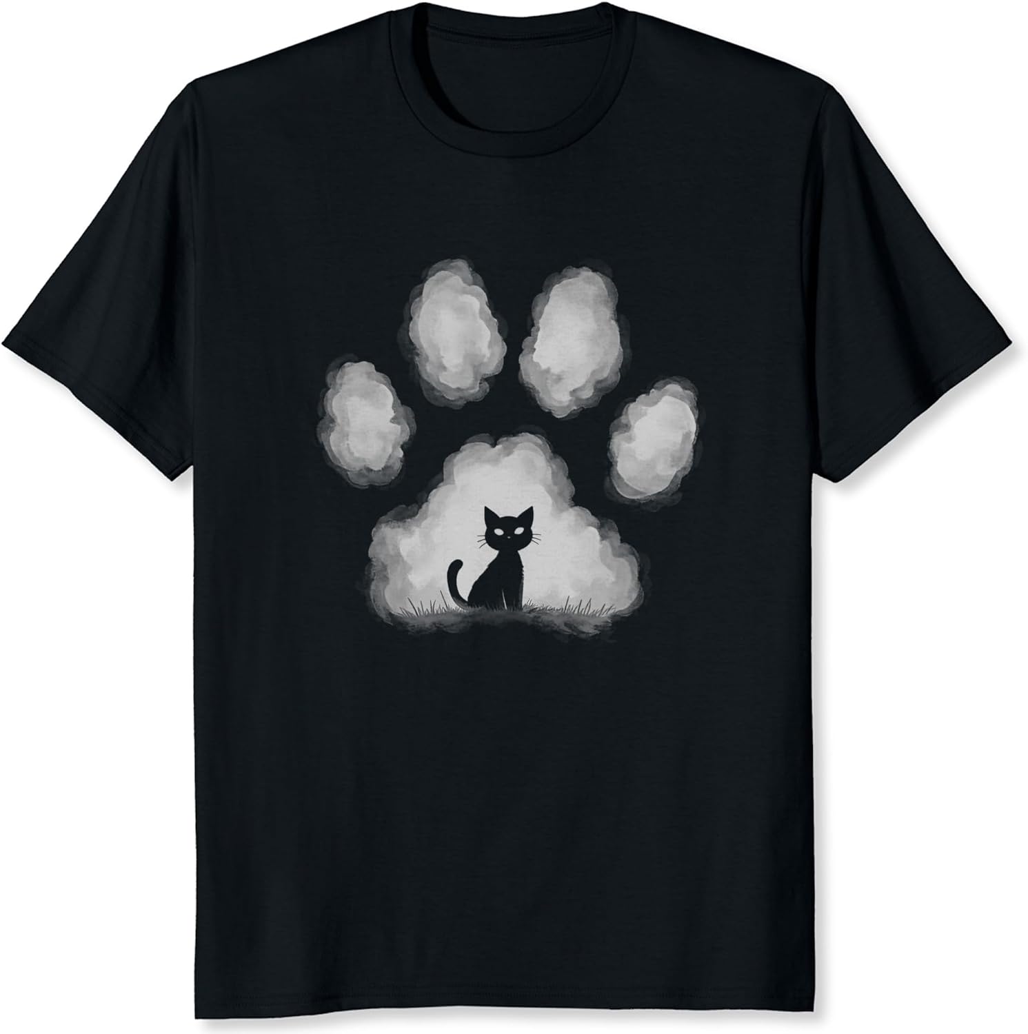 Black Cat with Paw Prints Shirt Cat Silhouette Graphic Tee Hand-Drawn Paw Shirt