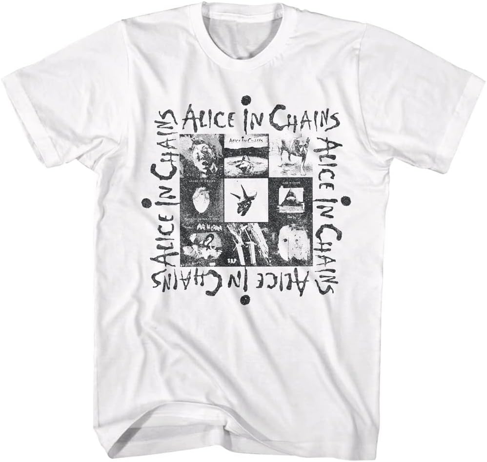 American Classics Alice in Chains Multi Album Art Graphic T Shirt White | Officially Licensed Alice in Chains Merch, Designed and Printed in the USA, 100% Cotton Crewneck Graphic Tee, Unisex