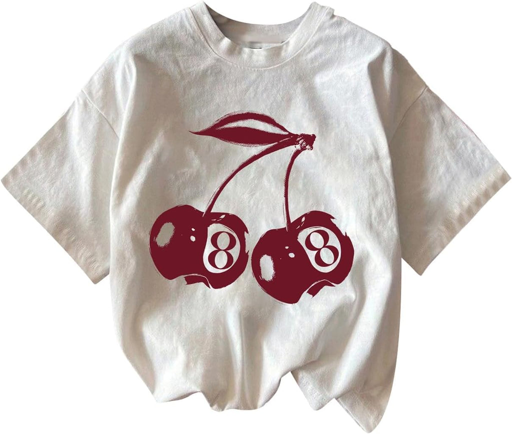 RoseSeek Women's Graphic Letter Tee Crew Neck Drop Shoulder Trendy Summer T Shirt Short Sleeve Vintage Car Print Top