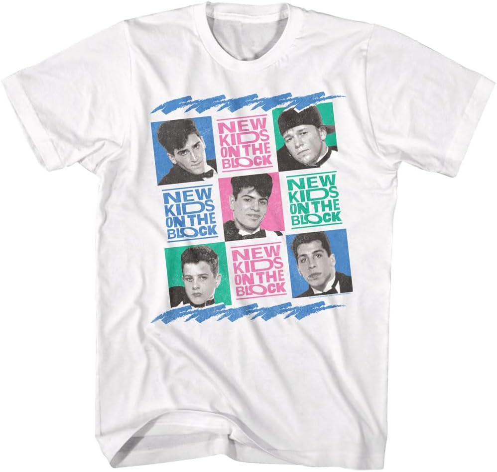 American Classics New Kids On The Block Photo Grid T Shirt White | Officially Licensed NKOTB Merch, Designed and Printed in USA, Unisex Crewneck Graphic Tee, Vintage Style, 90s Boy Band