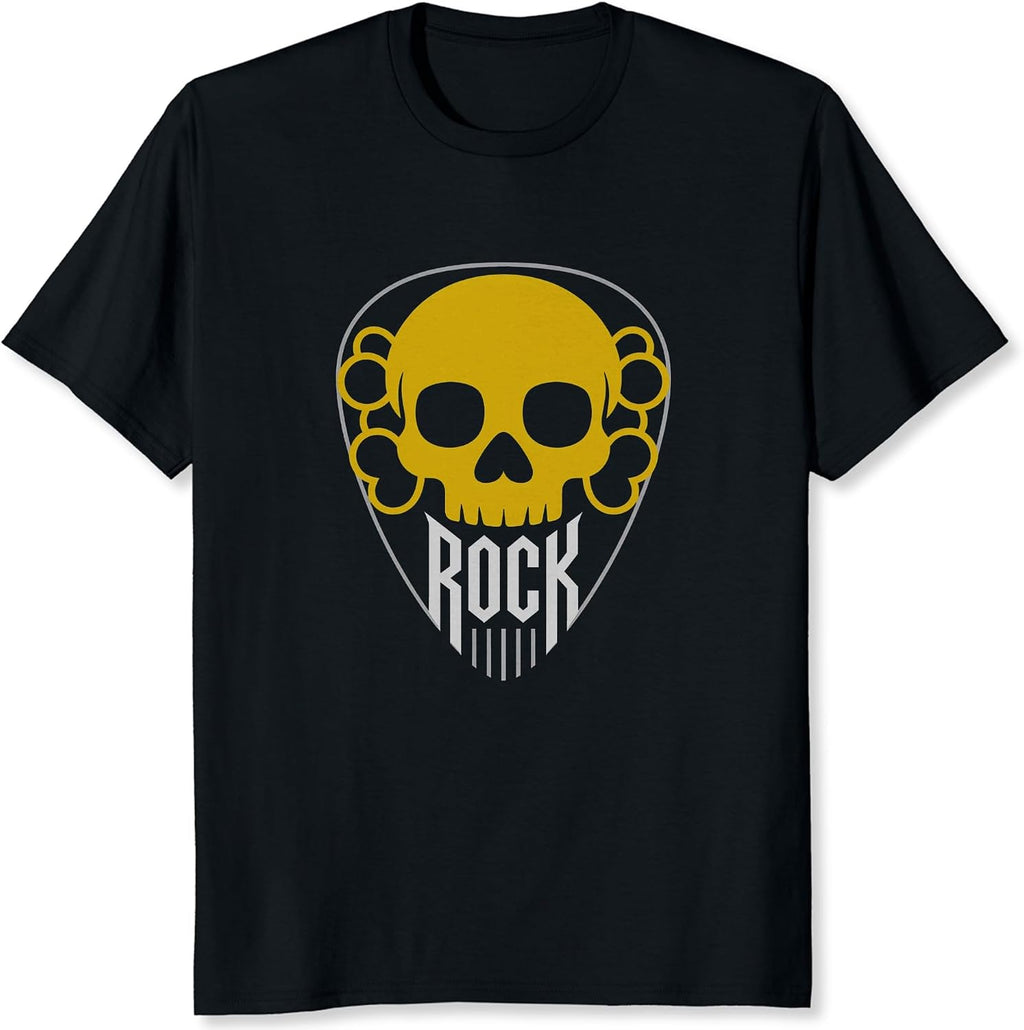 Rock Guitar Pick Skull Shirt Skull and Crossbones Graphic Tee for Men Gifts for Guitar Player
