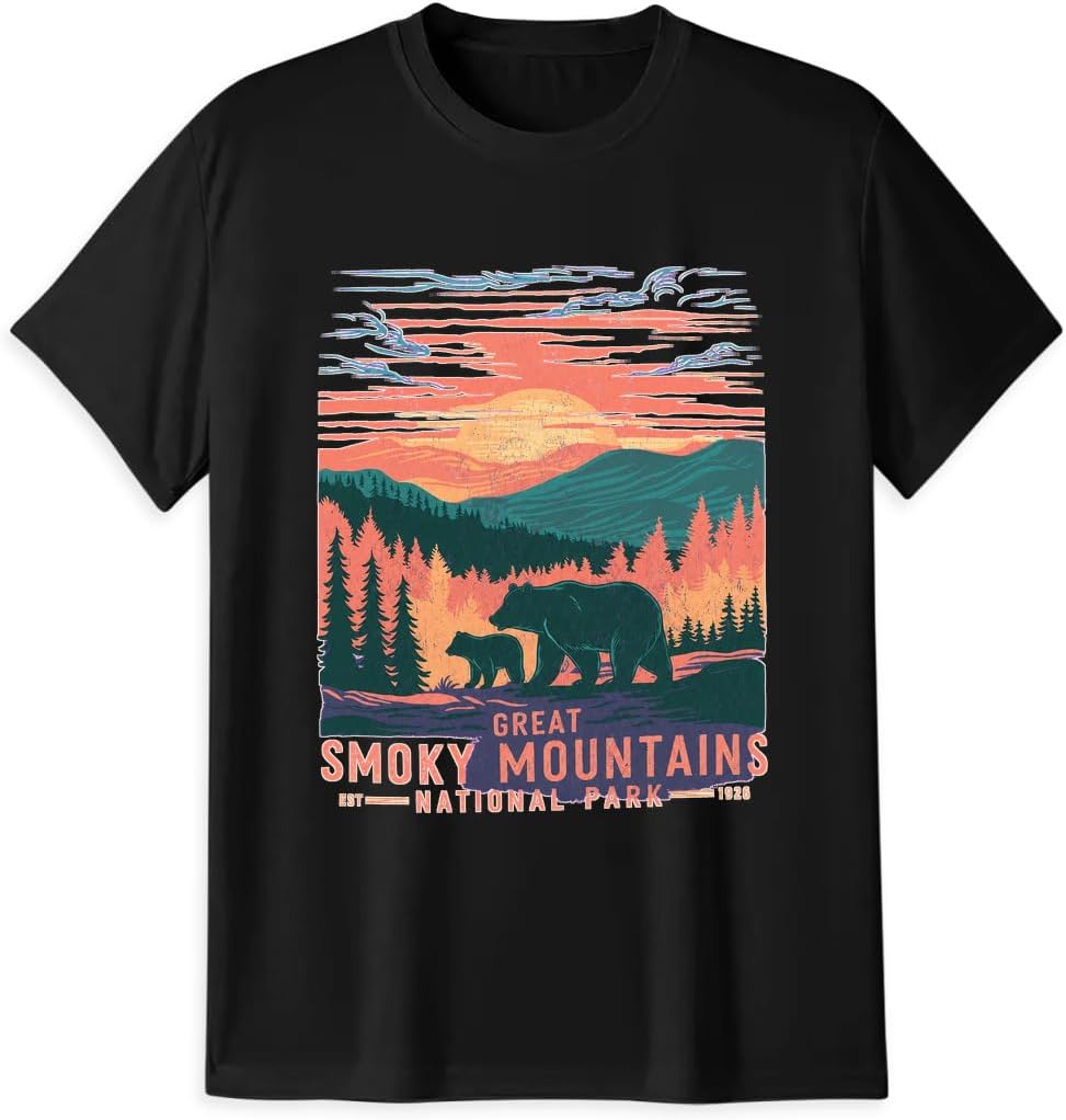 Great Smoky Mountains National Park T-Shirt, Hiking Travel Gift | A vintage mountain sunset and bear design for hiking trips, Tennessee vacations, outdoor wear, and national park gifts.