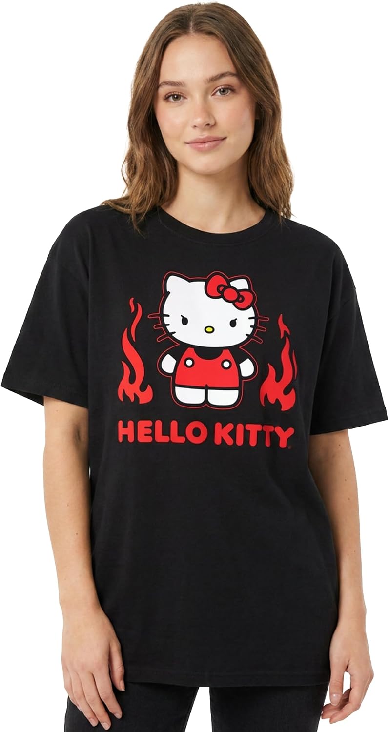 Sanrio Hello Kitty Women's Angry Kitty with Flames Junior's Short Sleeve Crewneck T-Shirt