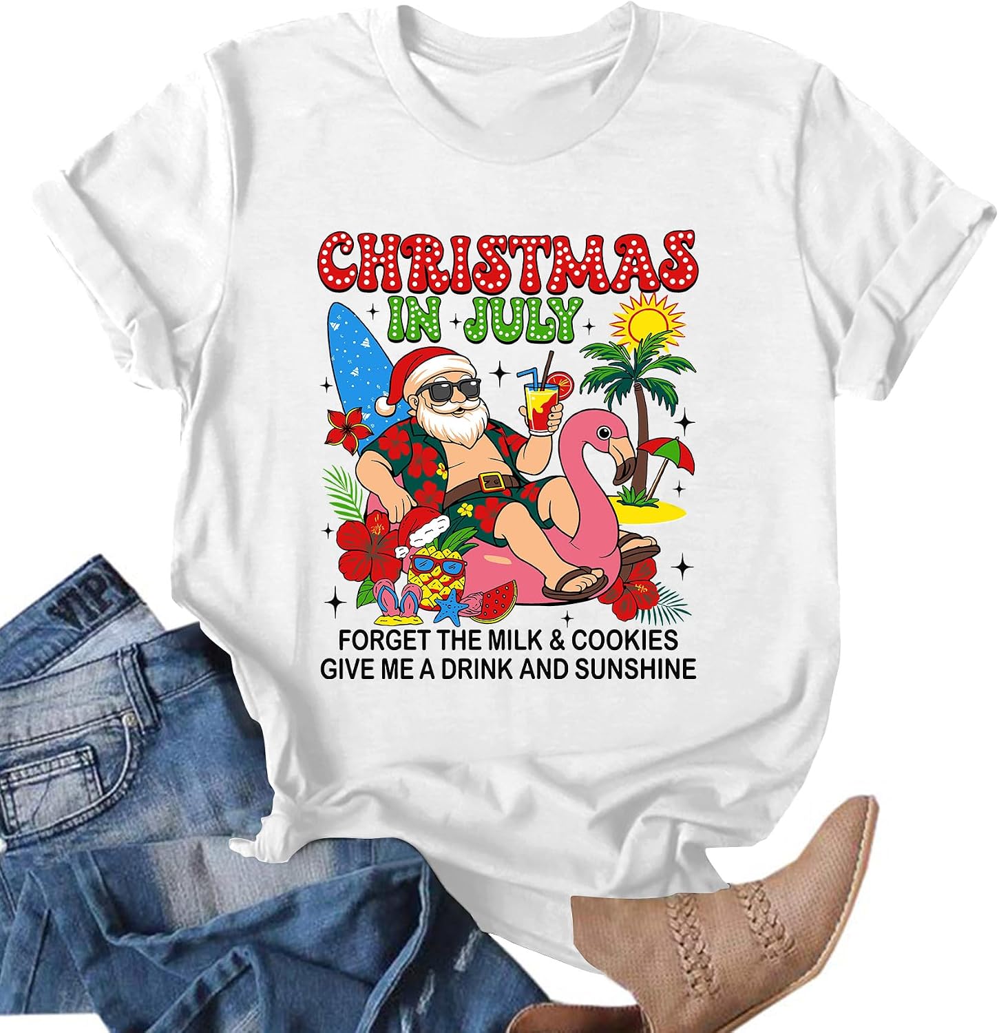 Ithalt Christmas in July Shirt for Women Surfing Santa T-Shirt Tropical Christmas Outfits Summer Vacation Gifts Tops