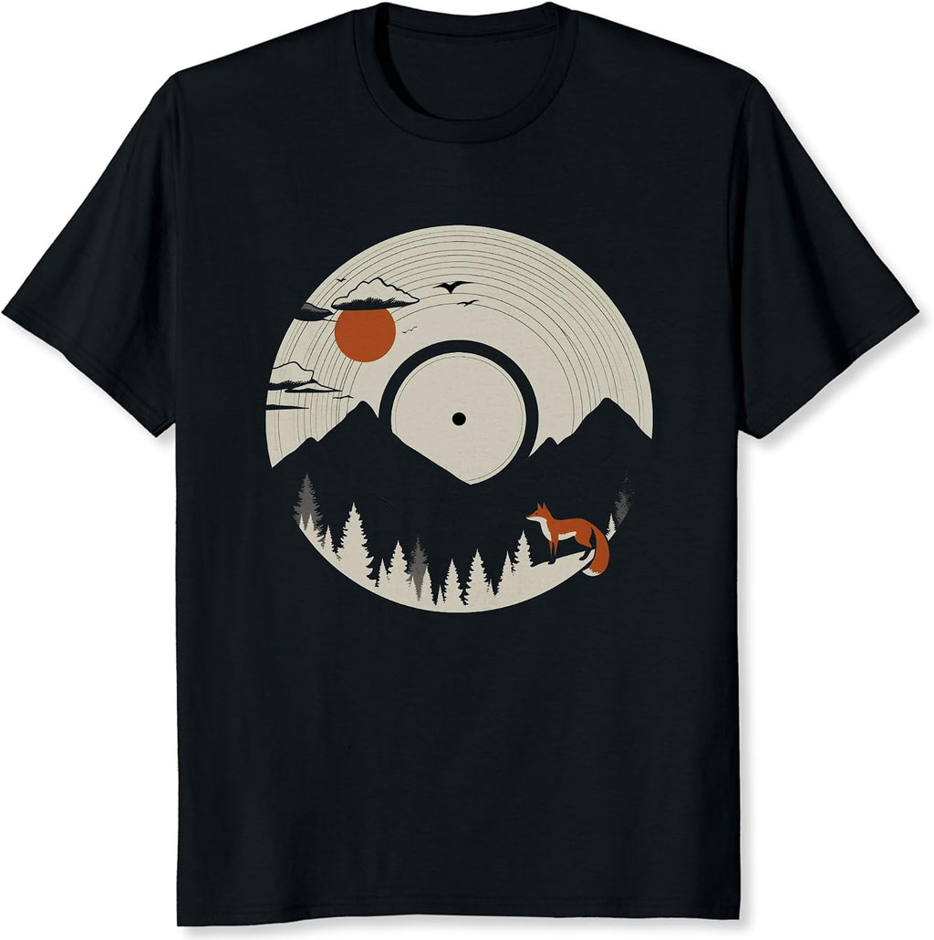 Mountain Vinyl Record Shirt Nature Landscape with Forest Fox and Sunset Graphic Tee
