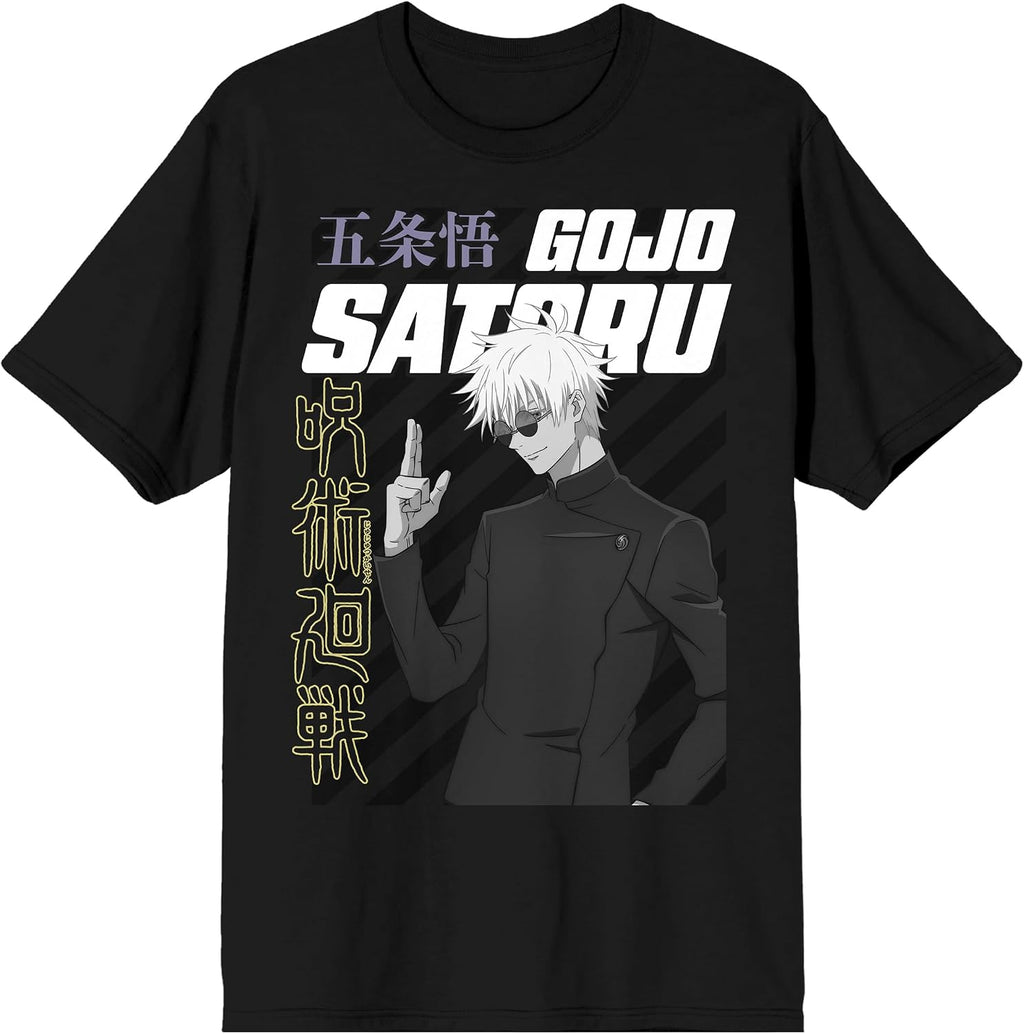 Bioworld Jujutsu Kaisen Gojo Satoru Action Pose & Kanji Adult Black Crew Neck Short Sleeve T-Shirt