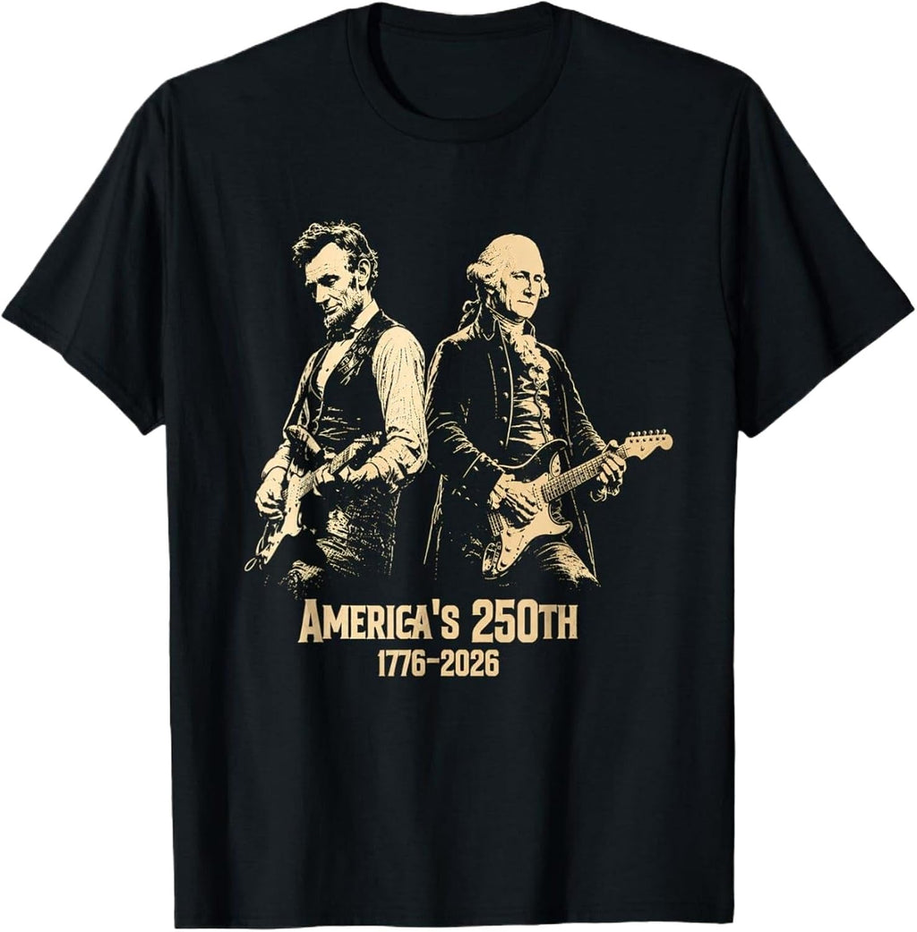George Washington & Lincoln Guitar Shirt, America 250th Anniversary Graphic Tee