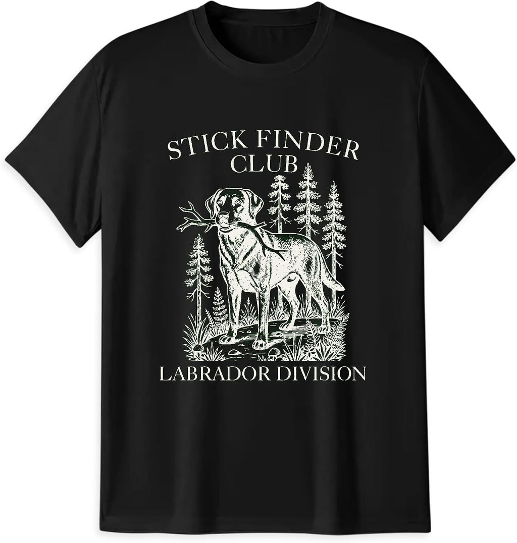 Labrador Hiking T-Shirt, Dog Lover Gift | Stick finder club Labrador graphic for dog lovers, hiking fans, camping trips, outdoorsy owners, and casual gifts.
