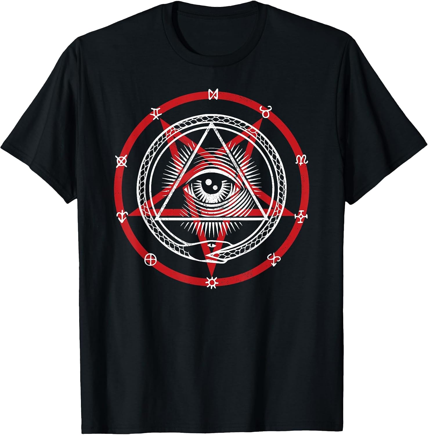 Pentagram with Occult Symbols, God Eye & Snake Eating Itself T-Shirt