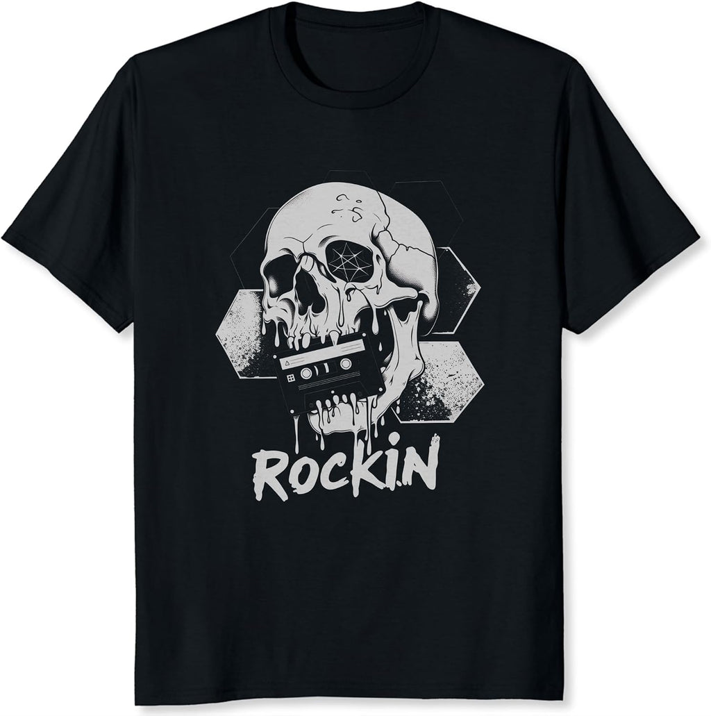 Rockin Skull Shirt Melting Skull with Cassette Tape Rock Music Graphic Tee for Men