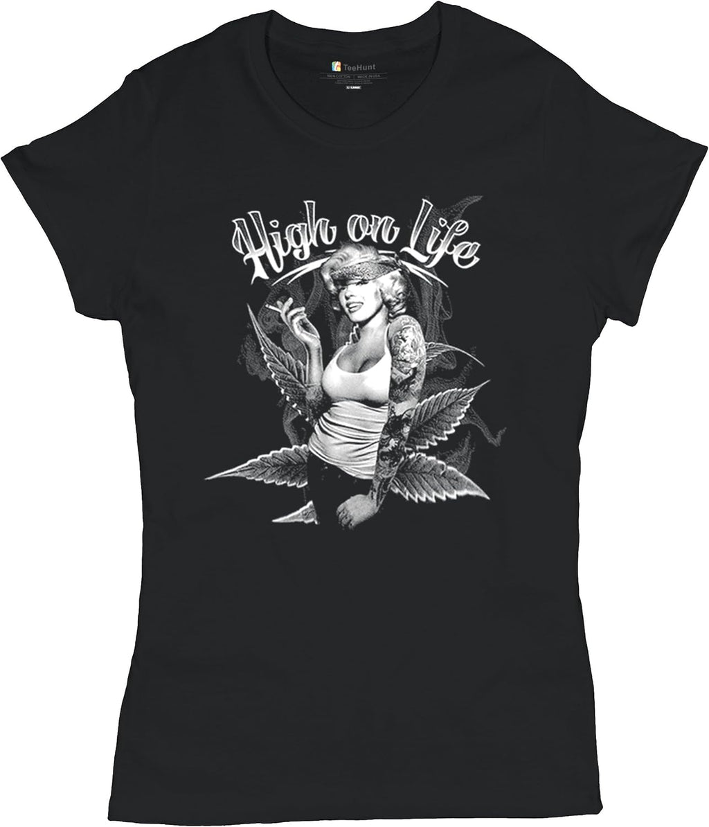 High on Life T-Shirt Marilyn Hollywood Glamour Legend Starlet Holding a Joint 420 Pop Culture Women's Tee