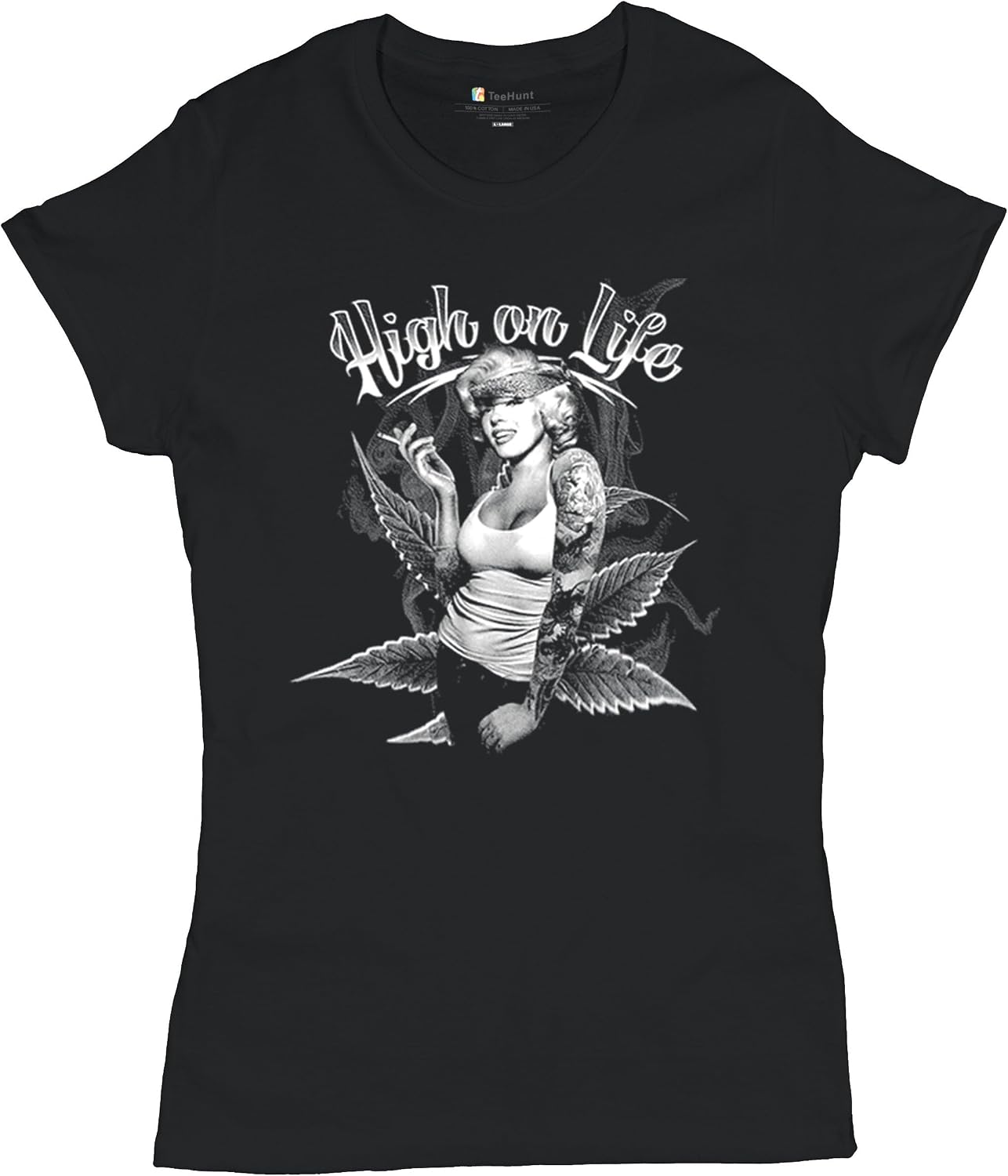 High on Life T-Shirt Marilyn Hollywood Glamour Legend Starlet Holding a Joint 420 Pop Culture Women's Tee