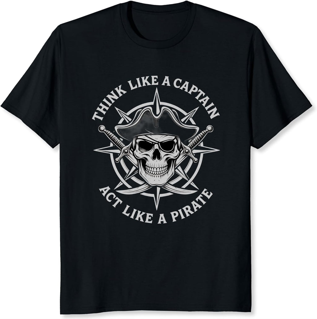 Think Like a Captain Act Like a Pirate T-Shirt Vintage Pirate Skull Compass Graphic Tee Soft Cotton Shirt