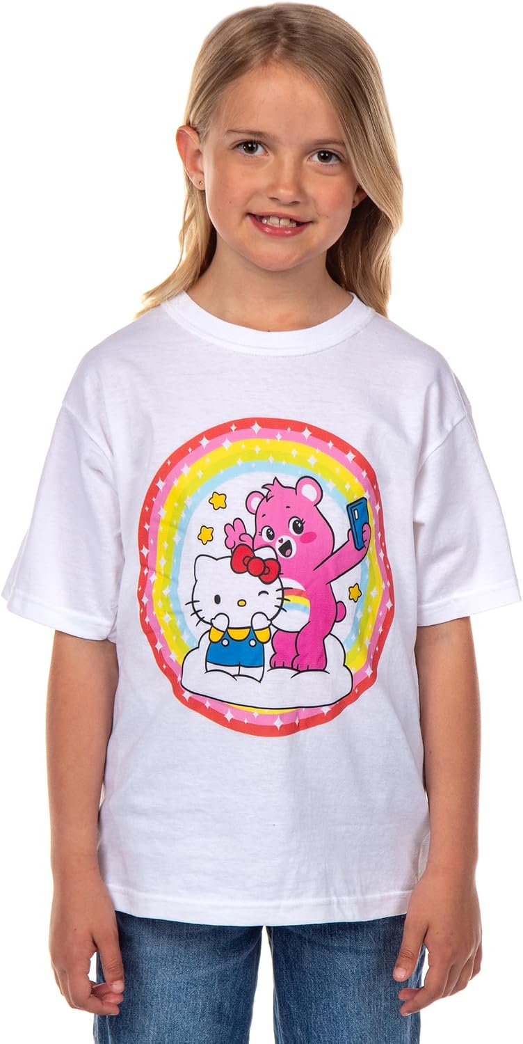Hello Kitty and Friends x Care Bears Girls' T-Shirt Cheer Bear and Kitty Selfie Pose Kids Tee