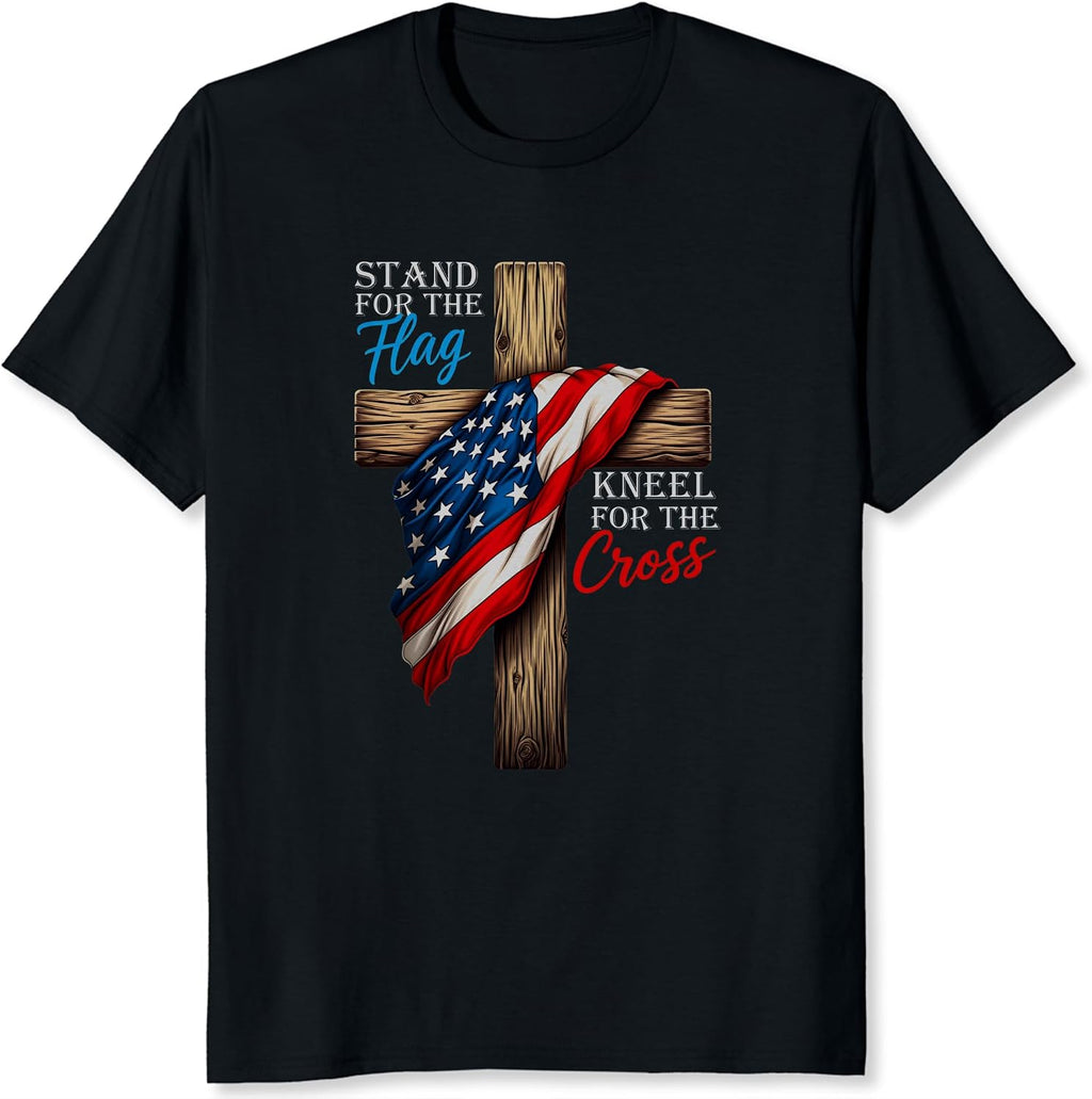 Stand for The Flag Kneel for The Cross Shirt Christian Faith Cross with American Flag 250th Anniversary Graphic Tee