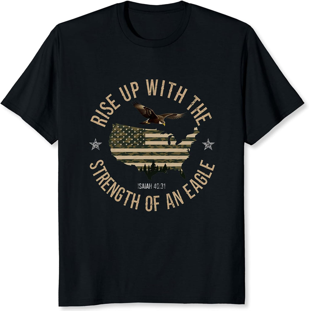 Rise Up with The Strength of an Eagle Shirt for Men Christian Patriotic USA Isaiah 40:31 Faith American Flag Graphic Tee