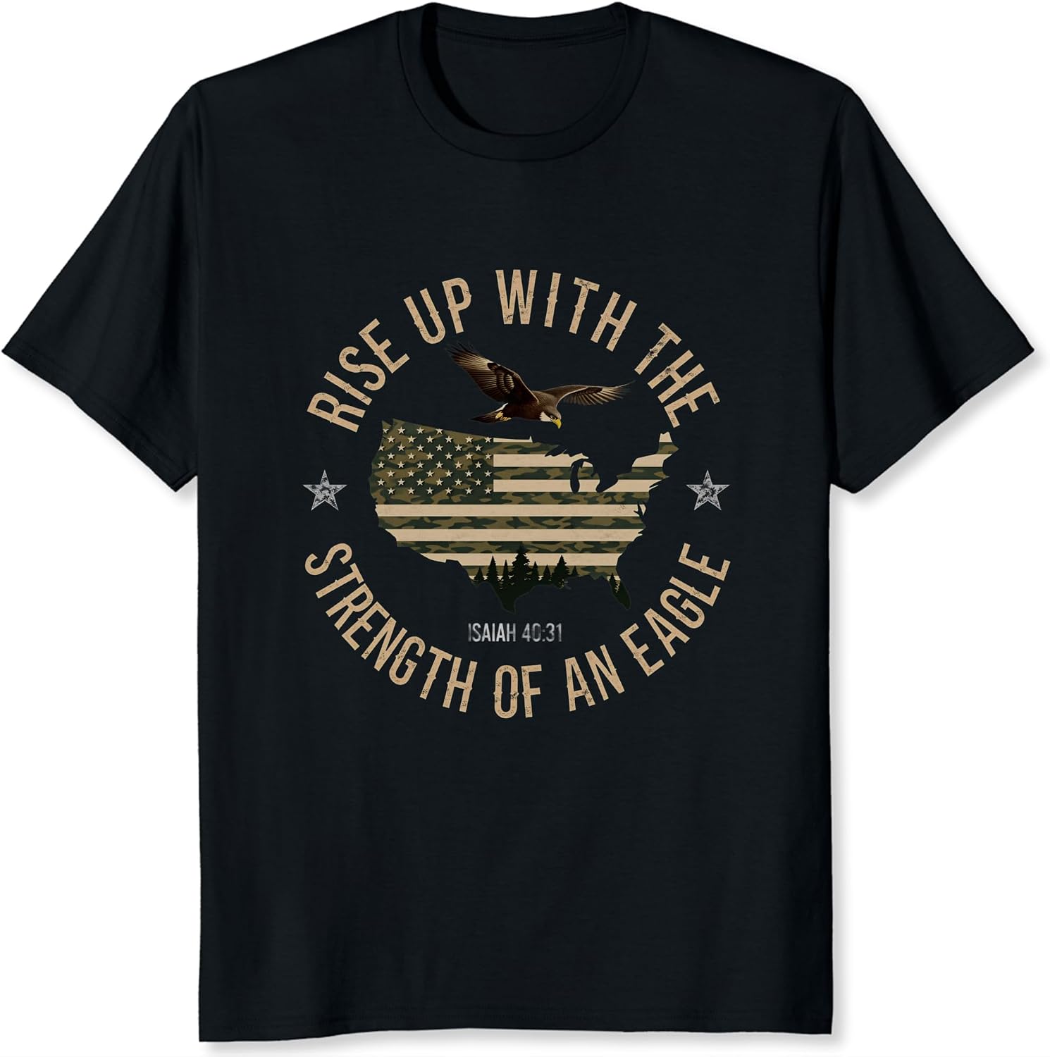 Rise Up with The Strength of an Eagle Shirt for Men Christian Patriotic USA Isaiah 40:31 Faith American Flag Graphic Tee