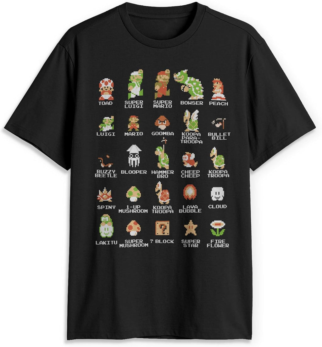 Nintendo Men's Pixel Cast Super Mario Bros Characters Graphic Tee Black | Officially Licensed Nintendo | Super Mario Bros Pixel Character Tee | 100% Cotton | Men's Sizes S-5XL