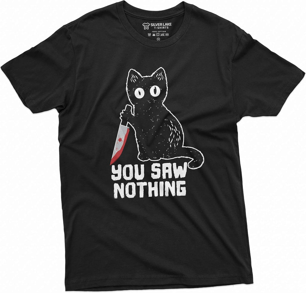 Men's Funny Cat T-Shirt You Saw Nothing cat with Bloody Knife Halloween Humorous cat tee Shirt
