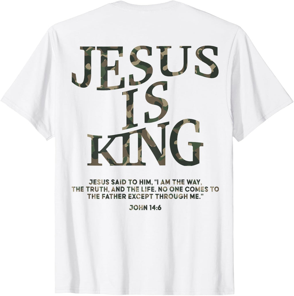 Camo Jesus is King White Christian Youth Men God Son Brother T-Shirt