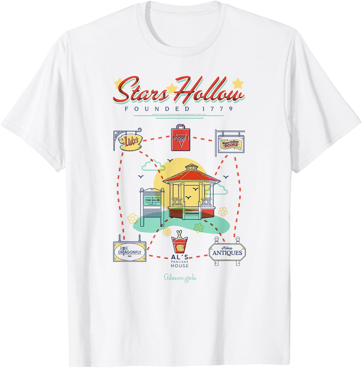 Gilmore Girls Colorful Retro Stars Hollow Map TV Show T-Shirt