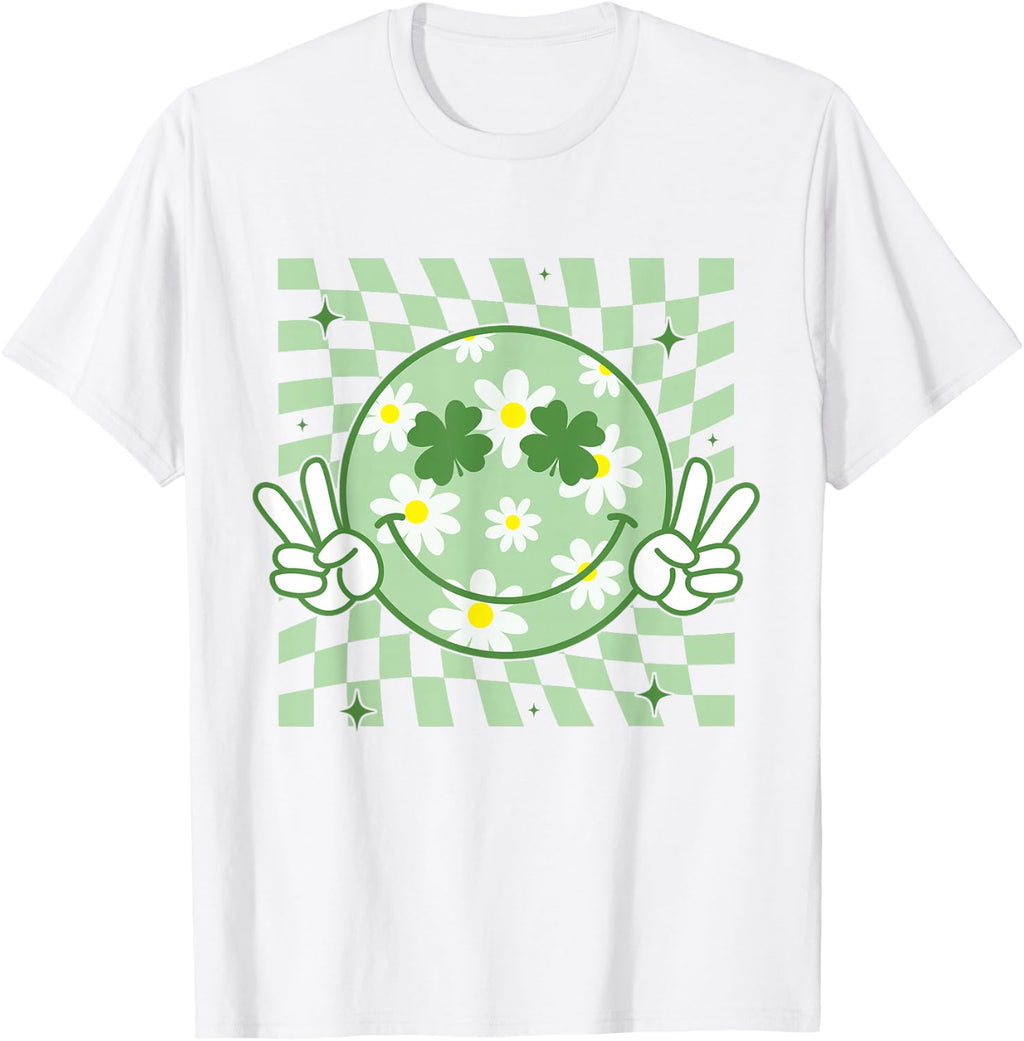 Funny St Patricks Day Groovy Shamrock Smile Face Tees T Shirts for Men Women Kids