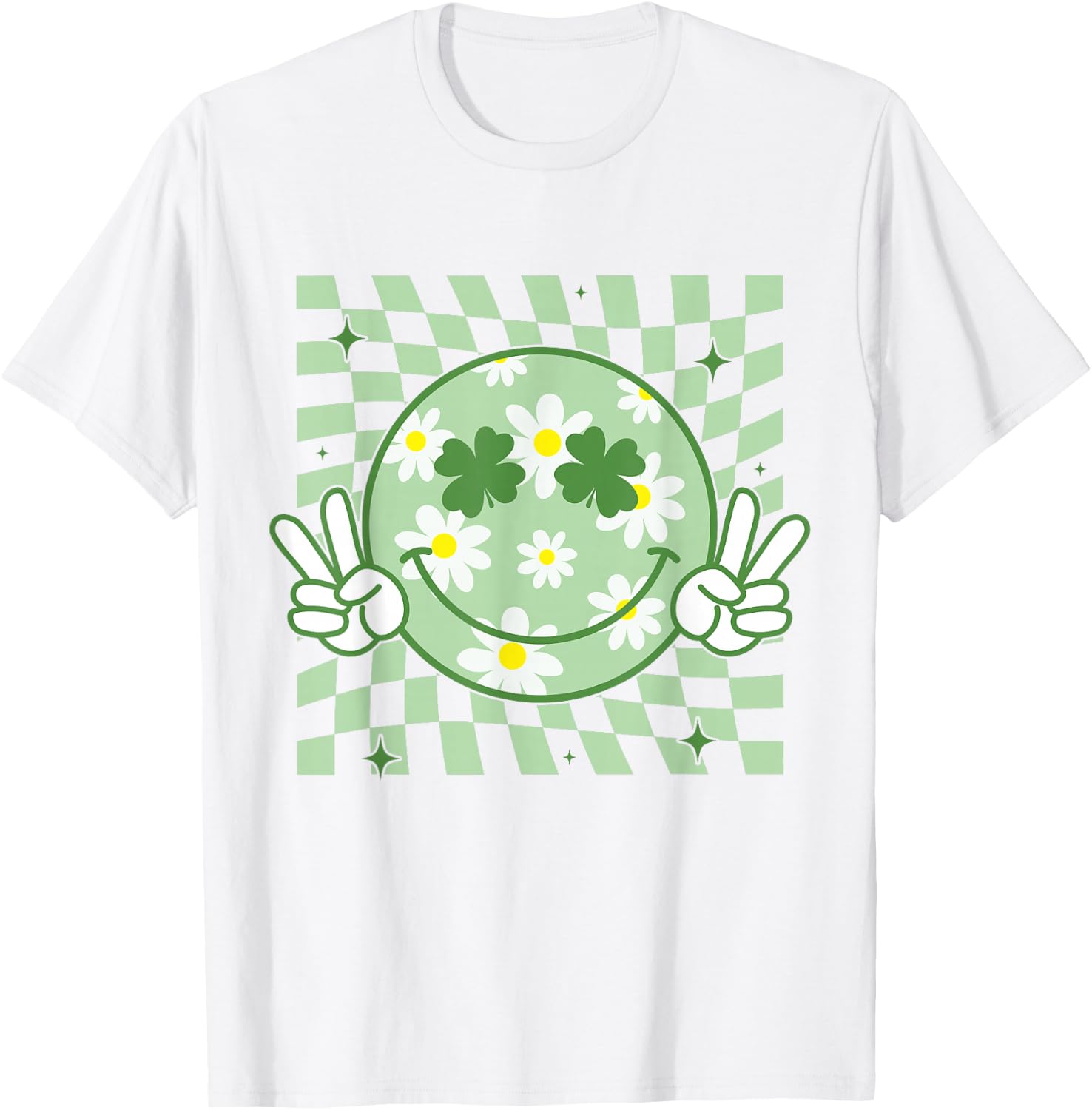 Funny St Patricks Day Groovy Shamrock Smile Face Tees T Shirts for Men Women Kids