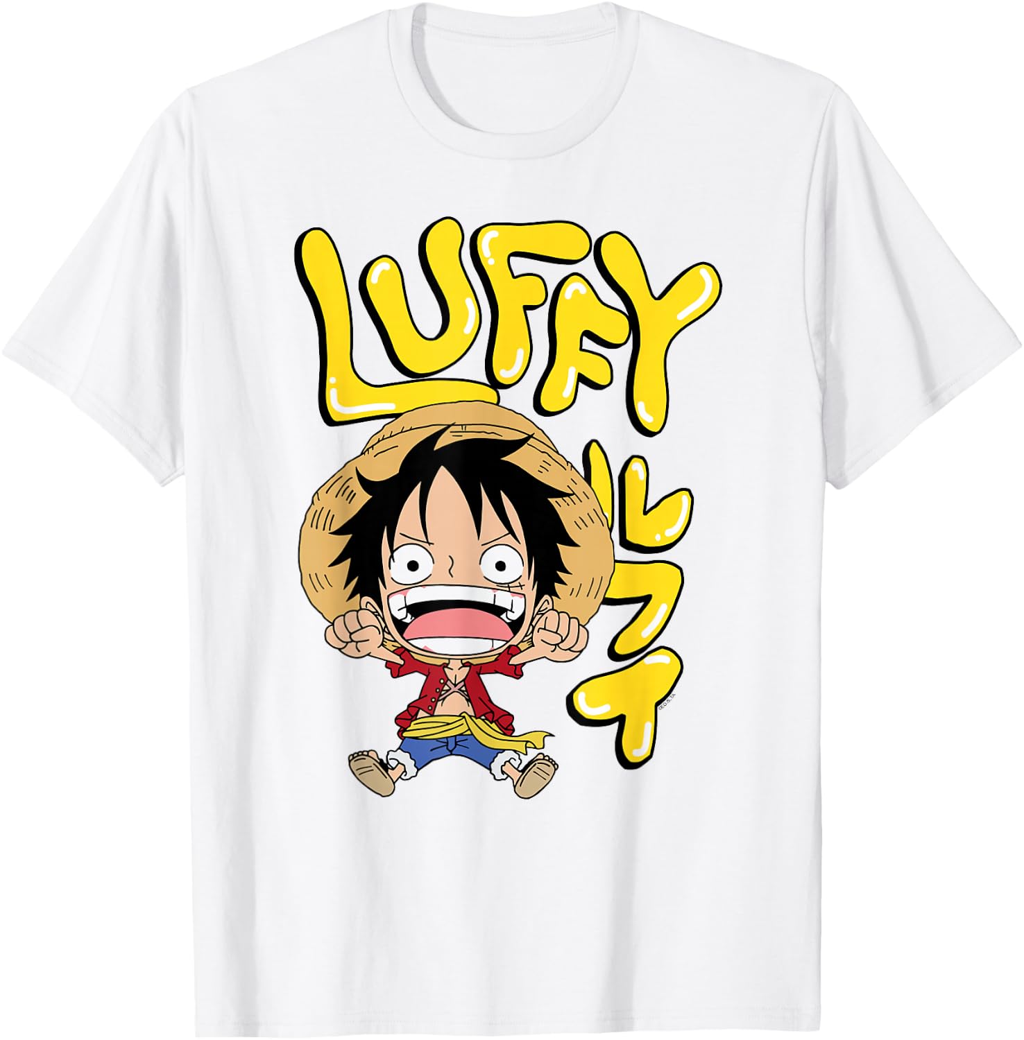 One Piece Anime Luffy Chibi with Bubble Letters T-Shirt