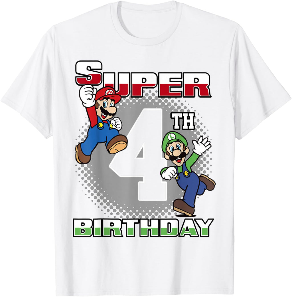 Super Mario and Luigi Super Birthday 4th Birthday Portrait T-Shirt