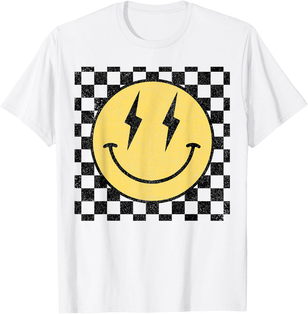 Retro Happy Face Shirt Checkered Pattern Smile Face Trendy T-Shirt