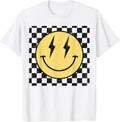 Retro Happy Face Shirt Checkered Pattern Smile Face Trendy T-Shirt