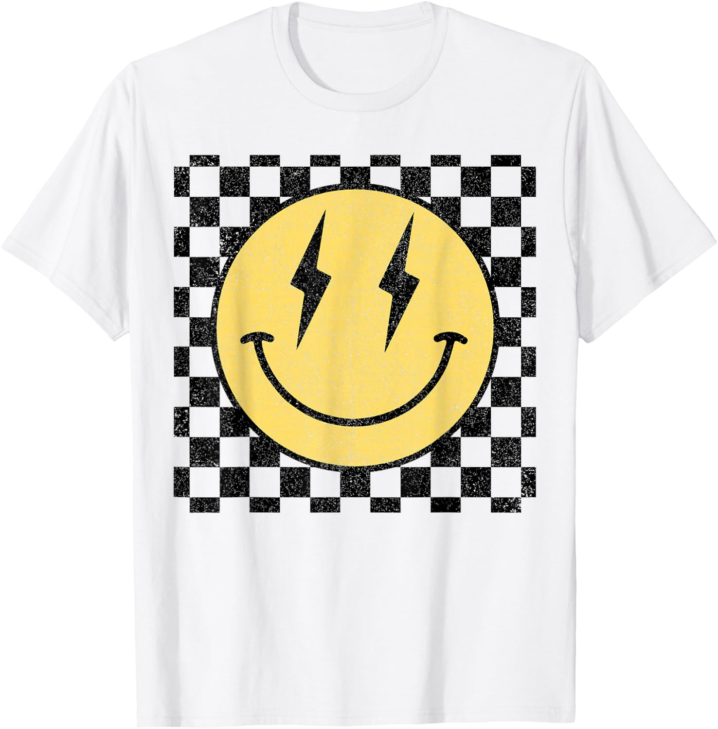 Retro Happy Face Shirt Checkered Pattern Smile Face Trendy T-Shirt